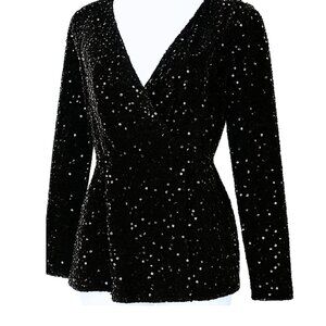 Ann Taylor Party Black Sequin Wrap Top – Stretch Party Blouse Size M